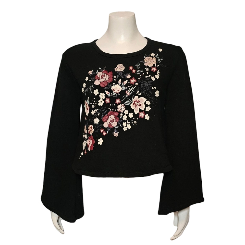 Chelsea & Violet Top Black Painted Floral Long Bell Sleeve Light Sweater sz S